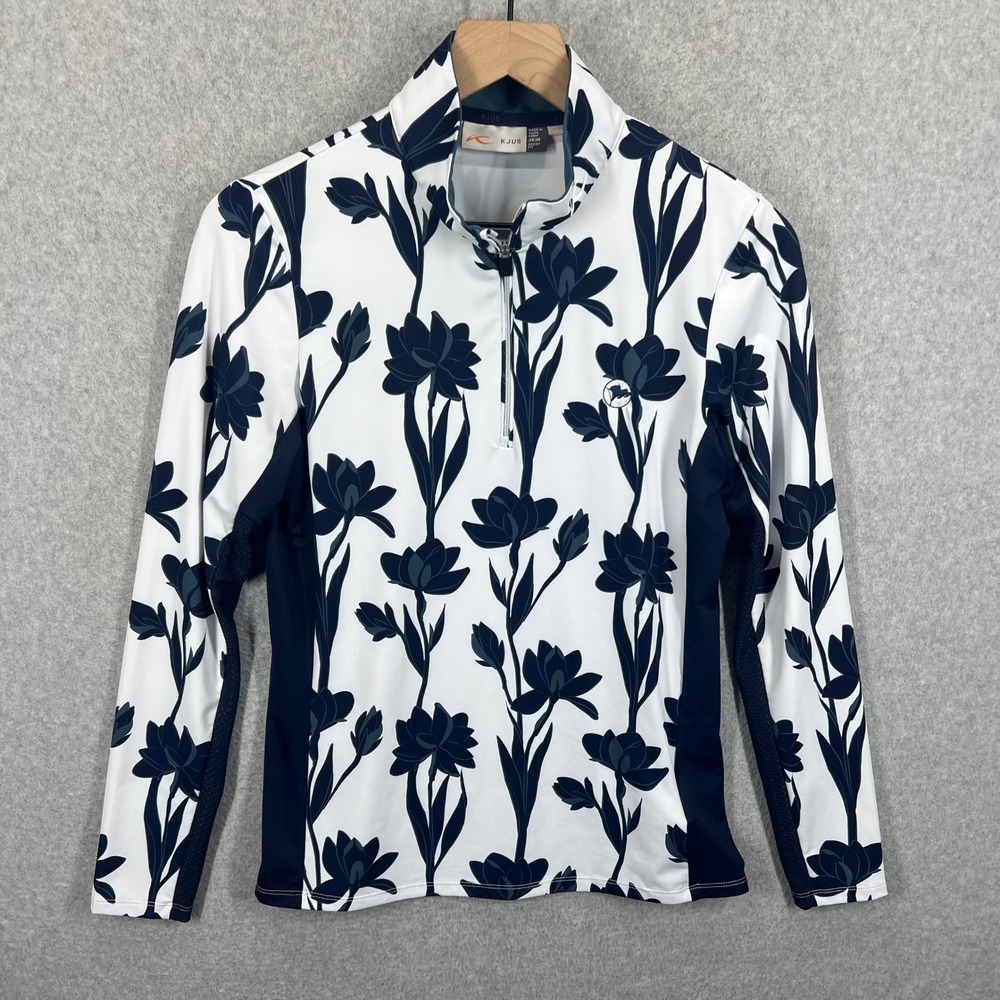 KJUS Sunshine Printed HZ Women Size 38/M White Blue Floral Half Zip Pullover EUC